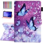 YUNHOTIC Samsung Galaxy Tab A7 Lite 8,7 inç [SM-T220/T225/T227] için Kılıf Otomatik Uyanma/Uyuma, Kalem Tutacağı ve Çoklu Görüş Açılarına Sahip Premium PU Deri Katlanır Stand Kılıfı - Mor Kelebek