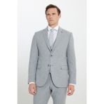 Yünlü Slim Fit Dar Kesim Mono Yaka Diagonal Desenli Kapak Cepli Yelekli Takım Elbise - 52 - Gri - 6 Drop