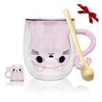 Yuragim Tatlı Kedi Fincanı, Kulplu ve Kaşıklı, 300 ml Çift Duvarlı Bardak, Kahve ve Çay İçin, Kadınlar ve Kedi Severler İçin, Doğum Günü ve Sevgililer Günü Hediyesi