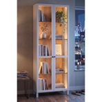 Yurudesign Yoda Temperli Cam Kapaklı Neon Led Işıklı Vitrin Büfe Kitaplık Ahşap Ayaklı 5 Raflı Sepet-Beyaz 183cm YD6-SW