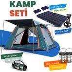 Yussraw 4-6 Kişi Kamp Çadırı Seti Taşınabilir Otomatik 240*240*155+LAMBA+YATAK+YASTIK+POMPA+HOPARLÖR - Yeşil
