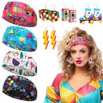 Yussti 4 çift 80s küpe 4 parça 90s Retro moda kafa bandı 1980'ler gerileme Headwrap kaset bant akrilik damla Dangle kızlar ve kadınlar için geri 80'ler parti iyilik aksesuarları