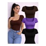YUSUF CAN KARATAŞ KARATAŞ GİYİM Kadın 3'lü Set U Yaka Kısa Kollu Fitilli Kare Yaka Pamuk Bluz-Body T-shirt