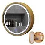 Yuvarlak Aydınlatmalı Banyo Dolabı, Kısılabilir Buğu Önleyici Su Geçirmez Duvar Aynası, Depolama Alanı, Kahverengi 70 cm (27,5"), Modern Banyolar için Dekoratif ve Makyaj Aynası