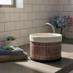 Yuvarlak Bambu Düzenleyici Saklama Sepeti – Çok Amaçlı Banyo, Makyaj Ofis Organizeri, Kumaş Astarlı Dekoratif Silindir Kutu (18X13 Cm, Gri)