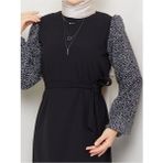 Yuvarlak Desenli Şifon Kollu Tuğba Model Elbise - Siyah Siyah - 42