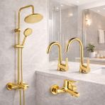 Yuvarlak Gold Mutfak Lavabo Banyo Bataryası Set Tepe Duş Seti Lüks Batarya 4'lü Duş Set - Altın