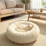 Yuvarlak Ultra Yumuşak Welsoft Peluş Kedi Ve Köpek Yatağı – Kaymaz Taban Tüylü Pet Pufu,Uyku Minderi (Krem) (5365)