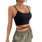 Yuvarlak Yaka Askılı Çapraz Bağcıklı Siyah Renk Fitilli Crop Top Bluz (Siyah, S)