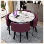 Yuvarlak Yemek Masası Seti Deri Sandalyeler ile 5 Parça Mutfak Yemek Seti Balkon Ofis Resepsiyon Siyah Renk 80cm/90cm Metal Ayaklı Ahşap Masa
