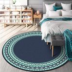 Yuvarlak Yıkanabilir Oturma Odası Halısı ø 120 cm Yumuşak Kaymaz Kısa Tüylü Halı Yatak Odası ve İç Mekan Dekoru için Etnik Desen Mavi/Yeşil Şık Ev Vurgusu
