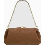 Yuzefi Oyster Süet Lüks Italyan Clutch ve Omuz Çantası, Gold Detaylı Tasarım - Kahverengi