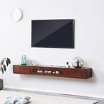Yüzen TV Rafı, Modern Duvara Monte TV Dolabı, Cam Kapılı Masif Ahşap Yüzen TV Konsolu, Oturma Odası ve Yatak Odası için Şık Medya Standı, Kahverengi (140x20x24 cm/55x8x10in)