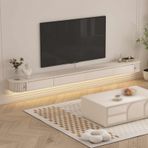 Yüzer TV Rafı, 2 Çekmeceli Duvara Monte TV Standı, Oturma Odası için Ahşap TV Dolabı ve Konsol Masası, LED Işıklı Deri Yüzen TV Ünitesi (63"x12"x8") - Modern Ev Dekoru