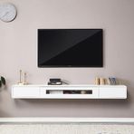 Yüzer TV Rafı, Modern Duvara Monte TV Dolabı, Cam Kapılı Masif Ahşap Medya Konsolu, Oturma Odası ve Yatak Odası için Şık Yüzer TV Sehpası (Beyaz, 120x20x24cm/47x8x10in)