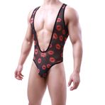 YWBleked Erkek iç çamaşırı erkek moda ruj dudak baskılı seksi iç çamaşırı pantolon Body Sculpting bel Bodysuit dantel Body Sexy, Siyah, M