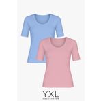 YXL COLLECTION Kadın Büyük Beden 2'li Paket Pembe-Mavi Viskon Likralı Basic Tişört Penye Bluz