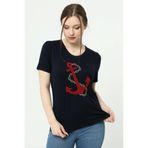 YXL COLLECTION Kadın Büyük Beden Çapa(MARİN) Nakışlı Sim Dikişli Likralı Kısa Kollu Anne Tişört Bluz - Lacivert Lacivert 36