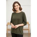 YXL COLLECTION Kadın Büyük Beden Çizgili Bisiklet Yaka Büzgü Kol Detaylı Mevsimlik Anne Bluz Haki 42