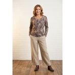 YXL COLLECTION Kadın Büyük Beden Kahverengi Kamuflaj ve Batik Desenli Bisiklet Yaka Uzun Kollu Anne Tişört Bluz Kahverengi 2XL