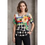YXL COLLECTION Kadın Büyük Beden Likralı Bisiklet Yaka Çiçekli Geometrik Desenli Kısa Kollu Anne Tişört Penye Bluz Çok Renkli M
