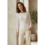 YXL COLLECTION Kadın Büyük Beden Likralı Bisiklet Yaka Çizgili Uzun Kol Anne Tişört Penye Bluz Ekru 2XL