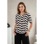 YXL COLLECTION Kadın Büyük Beden Likralı Bisiklet Yaka Geometrik Desenli Kısa Kollu Anne Tişört Penye Bluz Siyah XL