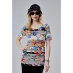 YXL COLLECTION Kadın Büyük Beden Likralı Bisiklet Yaka Marin Desenli Kısa Kol Anne Tişört Bluz Çok Renkli 52