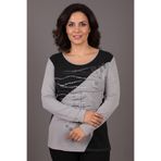 YXL COLLECTION Kadın Büyük Beden Likralı Bisiklet Yaka Ön Garnili Baskılı Yumuşak Kazak Anne Bluz Gri 46