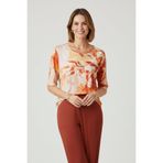 YXL COLLECTION Kadın Büyük Beden Likralı Biskiklet Yaka Çiçek Desenli Varak Baskılı Kısa Kollu Anne Tişört Bluz Turuncu 48