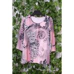 YXL COLLECTION Kadın Büyük Beden Likralı Taşlı Karışık Desen Truvakar Kol (4 Mevsimlik) Anne Tişört Bluz - Pembe Pembe 52