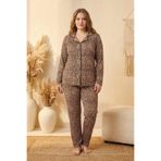 YXL COLLECTION Kadın Büyük Beden Uzun Kollu Pamuklu Ara Biyeli Leopar Desenli Düğmeli Pijama Takımı Kahverengi XL