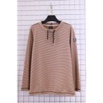 YXL COLLECTION Kadın Büyük Beden Yaka Bağcıklı Uzun Kol Eteği Lastikli Çizgili Mevsimlik Sweatshirt Kum Rengi 38