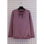 YXL COLLECTION Kadın Büyük Beden Yaka Bağcıklı Uzun Kol Eteği Lastikli Çizgili Mevsimlik Sweatshirt Mor 36