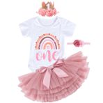 YYDSXK 1. doğum günü kız kıyafeti, boho kız bebek doğum günü kıyafeti, kısa kollu tulum, pembe tutu etek, çiçek kafa bandı, taç kafa bandı, bebekler için fotoğraf çekimi kıyafeti, parti kıyafeti seti