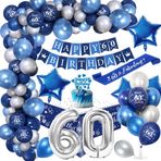 YYDSXK 60. Doğum Günü Dekorasyonu Maen, 60 Yıl Mavi Gümüş Balon Kemer Seti, Mutlu Doğum Günü Afişi, Pasta Üstü, Masa Örtüsü, Doğum Günü Kuşağı, Büyük Miktar 60 Balon, Krom Mavi Gümüş Balon