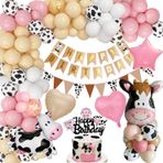 YYDSXK Doğum günü dekorasyonu, kız, pembe inek dekorasyonu, doğum günü seti, Happy Birthday afişi, pasta dekorasyonu, inek ve yıldız folyo balonlar, bebek duşu için inek parti balonları, kız çocuk,