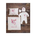 yzc home size dair... K25 Bty Ekru Renk Isme Özel Isimli Baskılı Bebek Yastık Battaniye Tulum Şapka Eldiven Set