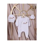 yzc home size dair... R85 T İsme özel İsimli Baskılı Bebek Hediyelik Tulum Şapka Eldiven Set %100 Pmk