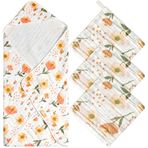 Zainpe 4 Adet Muslin Bebek Kapüşonlu Havlu ve Lif Seti Çiçekler Yumuşak Emici Banyo Havluları Pamuk El Havluları Bebek Duş Hediyeleri Yenidoğan Küçük Yürümeye Başlayan Erkek Kız Besleme Diş Çıkarma