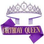 Zalingo Kadınlar için doğum günü tacı ve kuşak, lila doğum günü kraliçesi, Birthday Queen kuşak ve suni elmas taç seti, doğum günü dekorasyonu hediyeleri 30. 40. 50. 60. doğum günü