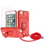 Zallagre için iPhone 6/6S/7/8/SE 2020 asmak için cep telefonu kılıfı,[2 adet Ekran Koruyucu],Slayt Kamera Kılıfı,Kart Yuvaları,Halka Tutucu Destek Standı,telefonu zinciri-Kırmızı