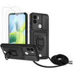Zallagre için Redmi A1 Plus/Redmi A1+ asmak için cep telefonu kılıfı,[2 adet Ekran Koruyucu],Slayt Kamera Kılıfı,Kart Yuvaları,Halka Tutucu Destek Standı,telefonu zinciri-Siyah