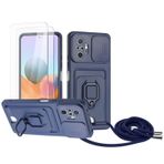 Zallagre için Redmi Note 10 Pro asmak için cep telefonu kılıfı,[2 adet Ekran Koruyucu],Slayt Kamera Kılıfı,Kart Yuvaları,Halka Tutucu Destek Standı,telefonu zinciri-Deniz mavi