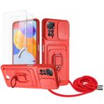 Zallagre için Redmi Note 11 4G/Note 11S(6.43") asmak için cep telefonu kılıfı,[2 adet Ekran Koruyucu],Slayt Kamera Kılıfı,Kart Yuvaları,Halka Tutucu Destek Standı,telefonu zinciri-Kırmızı