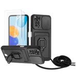 Zallagre için Redmi Note 11 4G/Note 11S(6.43") asmak için cep telefonu kılıfı,[2 adet Ekran Koruyucu],Slayt Kamera Kılıfı,Kart Yuvaları,Halka Tutucu Destek Standı,telefonu zinciri-Siyah