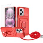 Zallagre için Redmi Note 12 5G/Xiaomi POCO X5 asmak için cep telefonu kılıfı,[2 adet Ekran Koruyucu],Slayt Kamera Kılıfı,Kart Yuvaları,Halka Tutucu Destek Standı,telefonu zinciri-Kırmızı