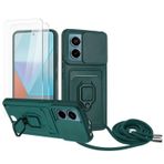 Zallagre için Redmi Note 13 Pro 5G asmak için cep telefonu kılıfı,[2 adet Ekran Koruyucu],Slayt Kamera Kılıfı,Kart Yuvaları,Halka Tutucu Destek Standı,telefonu zinciri-Koyu yeşil