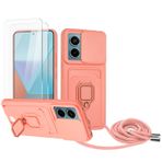 Zallagre için Redmi Note 13 Pro 5G asmak için cep telefonu kılıfı,[2 adet Ekran Koruyucu],Slayt Kamera Kılıfı,Kart Yuvaları,Halka Tutucu Destek Standı,telefonu zinciri-Pembe