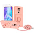 Zallagre için Redmi Note 9 asmak için cep telefonu kılıfı,[2 adet Ekran Koruyucu],Slayt Kamera Kılıfı,Kart Yuvaları,Halka Tutucu Destek Standı,telefonu zinciri-Pembe